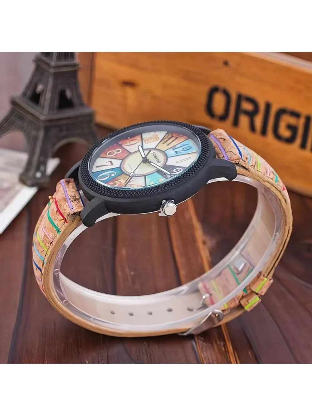 Women's Black Creative Multicolor Woven Strap Fashion Rainbow Pattern Watches